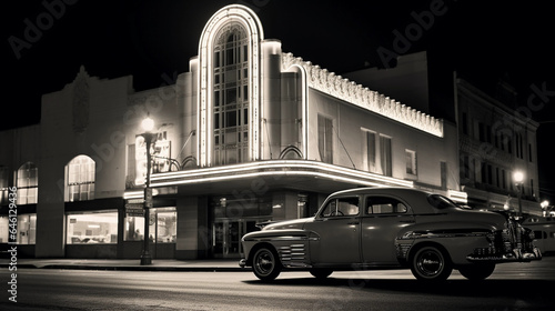 Aged monochrome photograph  vintage cars parked in front of an art deco theater  neon lights  classy elegance