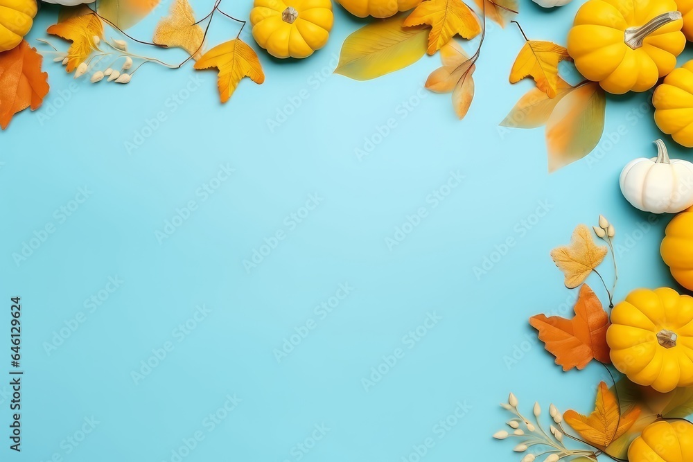 Yellow and red dried leaves and small orange pumpkins on blue background, top view, copy space. Halloween, Thanksgiving holiday concept.