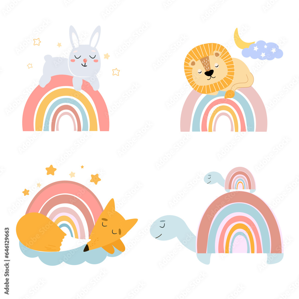 Set of baby images of sleeping animals. A lion, a rabbit, a turtle, a fox are sleeping on a rainbow against the background of stars and the sky. Cute vector graphics.