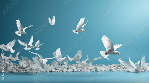 Sky's Canvas: White and Blue Banner with Soaring Doves. Generative AI