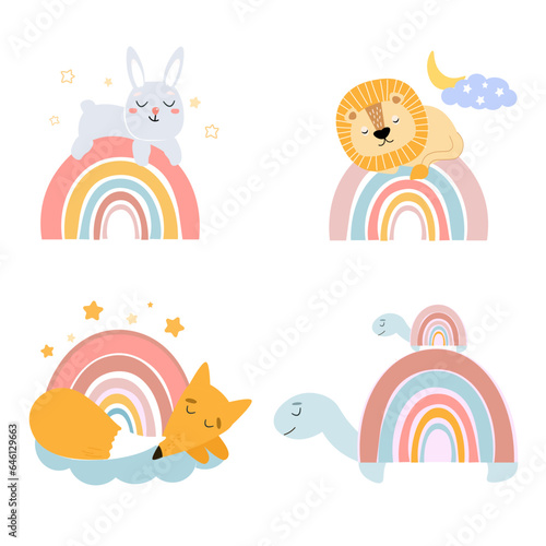 Set of baby images of sleeping animals. A lion, a rabbit, a turtle, a fox are sleeping on a rainbow against the background of stars and the sky. Cute vector graphics.