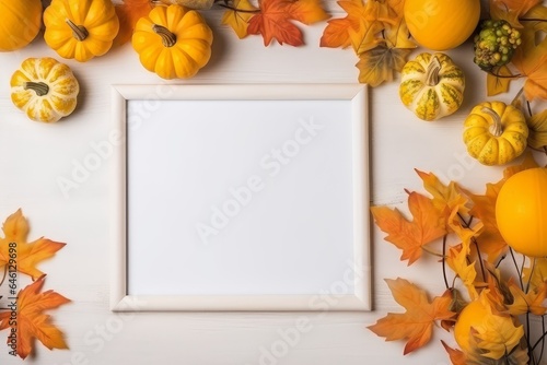 White mock up photo frame with orange pumpkin and colorful dried leaves  copy space  top view