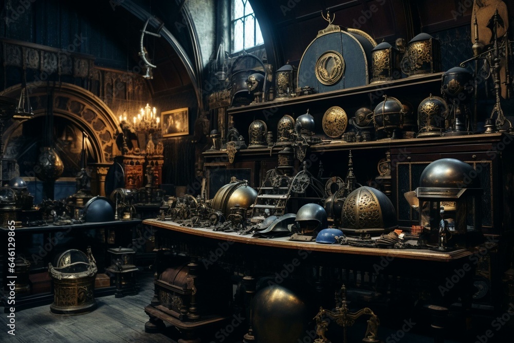 Traditional equipment & enchanted headwear inside historic alchemy chamber. Generative AI