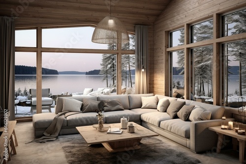 Design of a vacation home interior in Scandinavian style - 3D visualization. Generative AI © Sophia