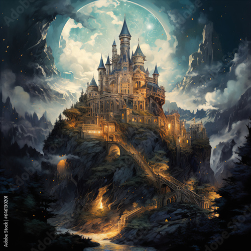 Enchanting Fantasy Illustration: Haunted Castle Amidst Magical Splendor with Intricate Details