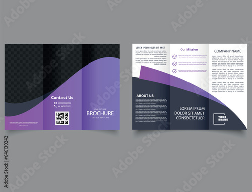 Pink trifold brochure with waves. Vector editable template