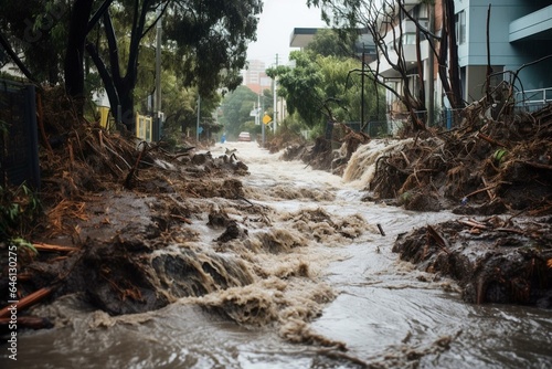 Fast-flowing stream carries debris in Auckland during heavy rain. Generative AI
