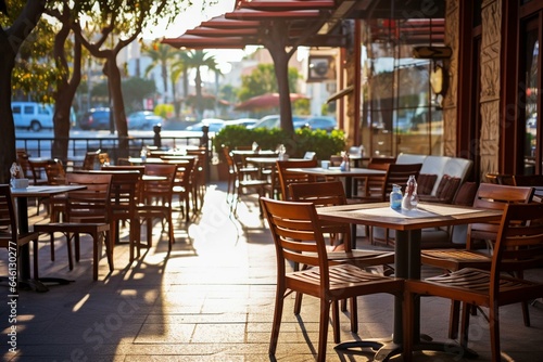 outdoor eatery with tables and chairs. Generative AI