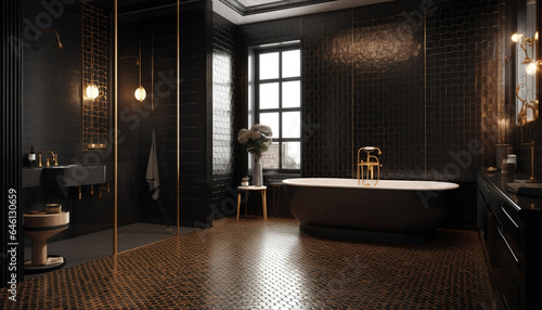 Modern domestic bathroom design with luxury bathtub, shower, sink, and faucet generated by AI