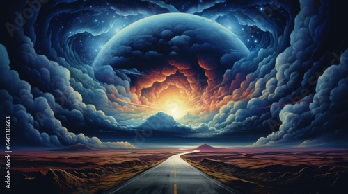 Long road through prairie landscape leading to sunset horizon, Surreal heavenly cosmic sky parallel universe, another dimension within our world, unreal golden hour cloudscape - generative AI © SoulMyst