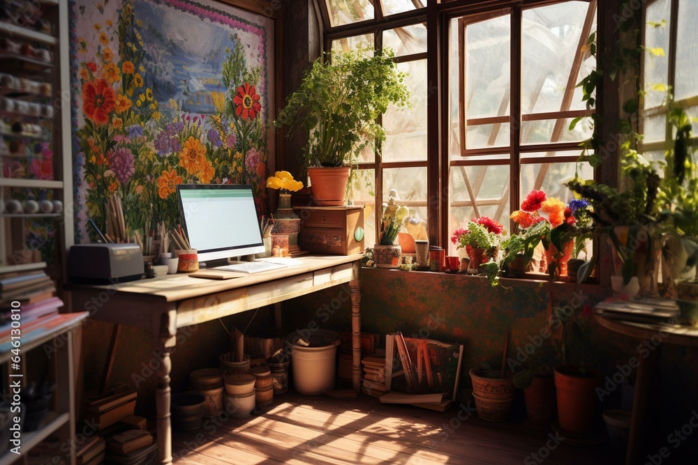 Artistic workspace tastefully decorated with a bohemian touch. Generative AI