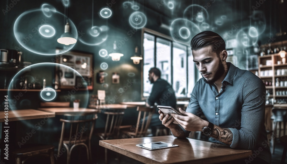 Handsome businessman sitting indoors, working on smart phone and tablet generated by AI Handsome businessman sitting indoors, working on smart phone and tablet generated by AI