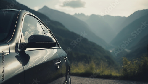 Driving through mountain range, one person journey to freedom generated by AI © Stockgiu