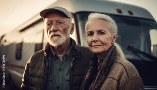 Smiling senior couple on road trip, bonding and enjoying adventure generated by AI © Stockgiu
