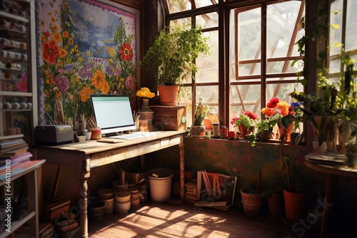 Artistic workspace tastefully decorated with a bohemian touch. Generative AI