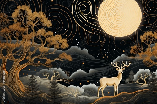 Modern wallpaper with night landscape featuring moon, stars, deer, trees, and gold waves in a dark black background. Generative AI © Sofia