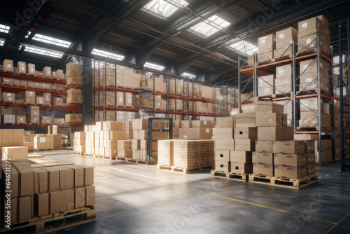 Cardboard boxes in a large warehouse. Warehouse Logistics. AI generative. © Iaroslav