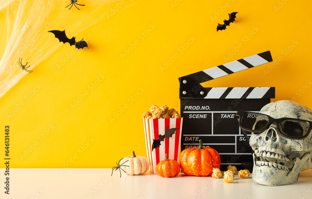 Halloween cinema night with friends! Side view image showcases table filled with pumpkins, spider, skull in 3D glasses, clapperboard, popcorn against yellow wall – perfect for horror film enthusiasts