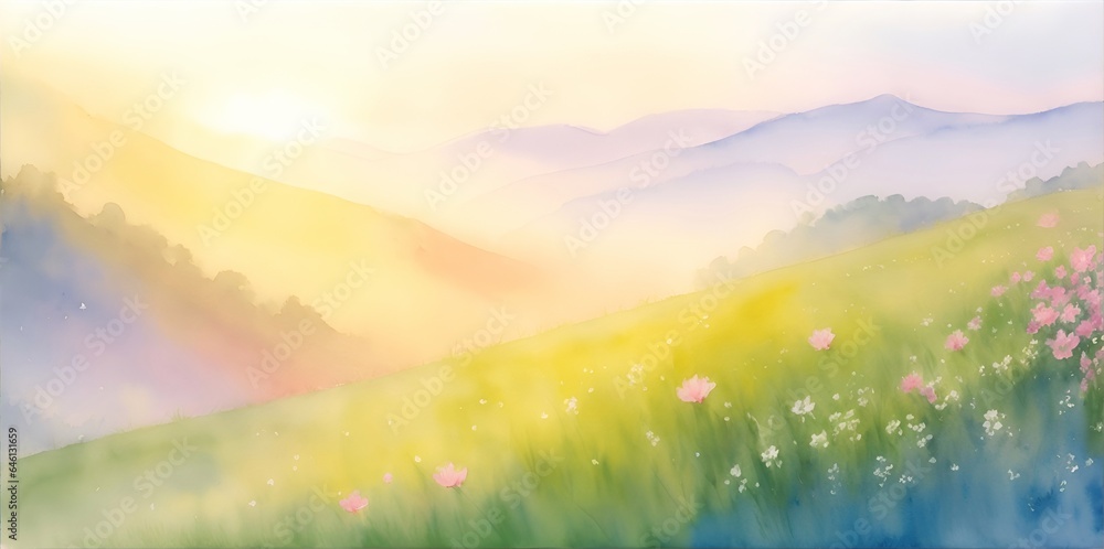 Rolling hiils landscape. Watercolor style. AI generated illustration