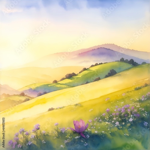 Rolling hiils landscape. Watercolor style. AI generated illustration