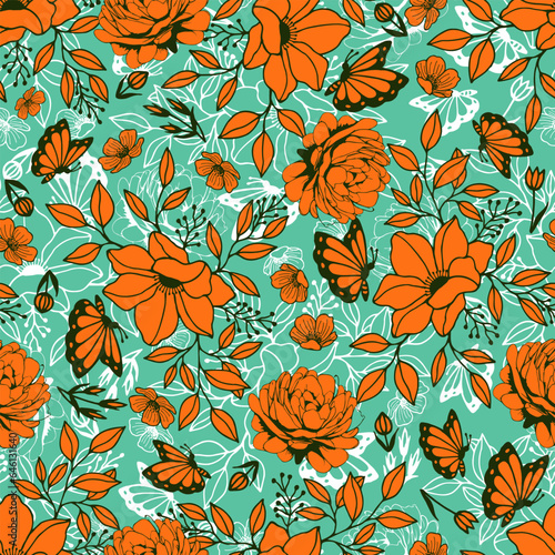Seamless botanical pattern, butterfly flowers. Vector stock illustration eps10.
