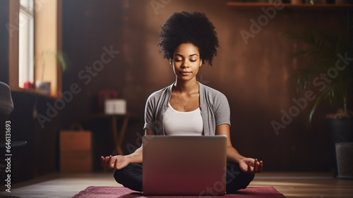 young african american woman doing yoga exercises at home.