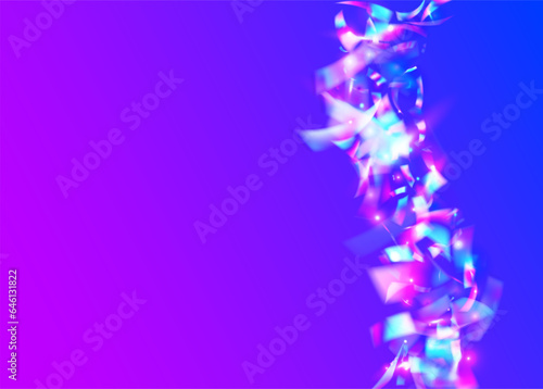 Kaleidoscope Confetti. Blue Party Glare. Shiny Realistic Sunlight. Digital Art. Laser Prism. Bokeh Background. Carnival Effect. Luxury Foil. Purple Kaleidoscope Confetti