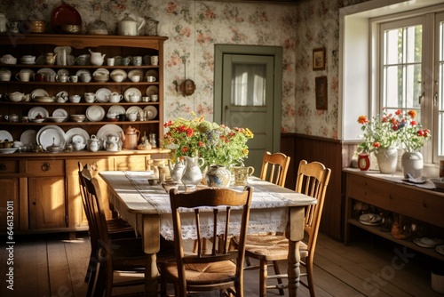 Vintage dining room with a rural charm. Generative AI © Fiorella