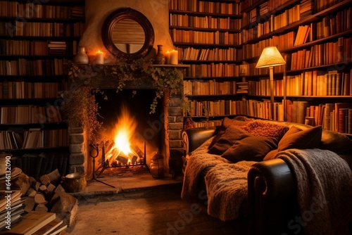 A cozy space with a fire and wall full of books. Generative AI