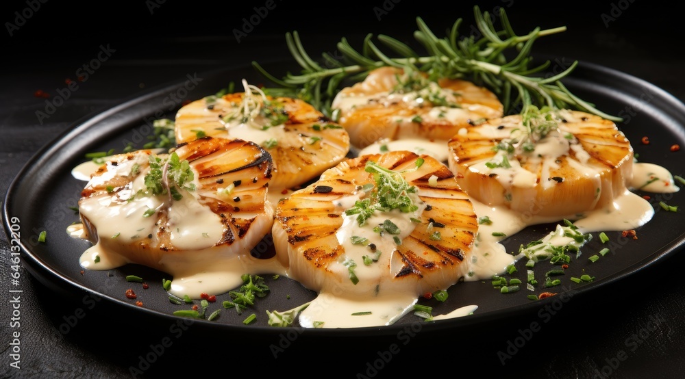 Grilled scallops with creamy lemon spicy sauce and herbs on black background. Grilled scallops with creamy lemon spicy sauce and herbs on black background.