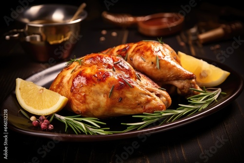 Appetizing grilled juicy chicken with golden brown crust served with lemon and rosemary