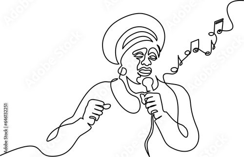 African Woman singer sing song with microphone in hands.