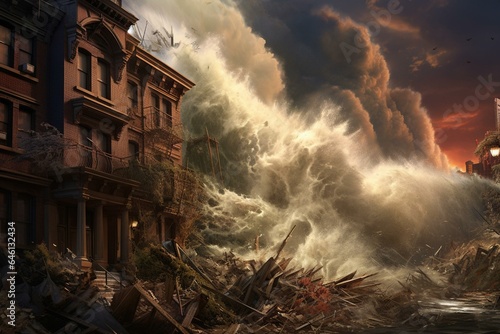 Destructive wave strikes New York homes, depicting an apocalyptic scenario. Generative AI