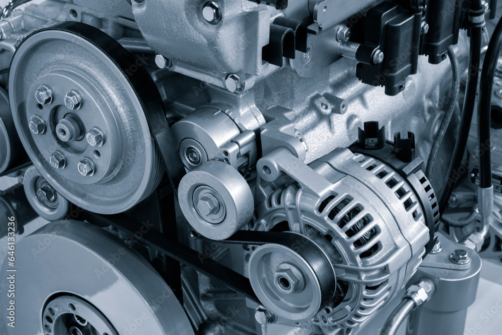 Belt drive of Diesel engine electric generator. Close up car timing ...