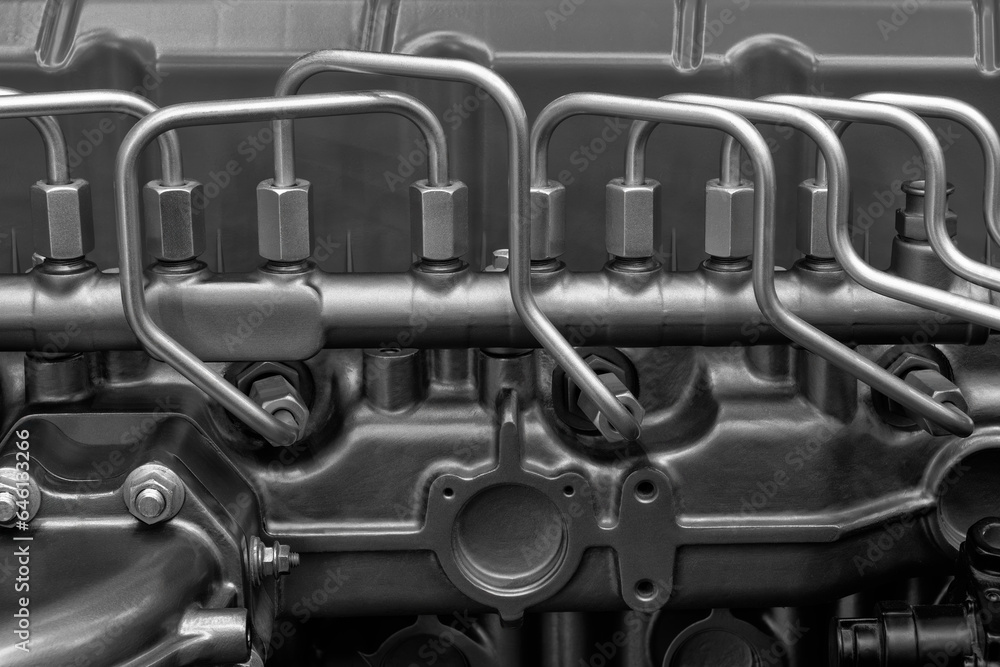 diesel engine. Fragment of a diesel motor closeup. Selective on the fuel injection in the the