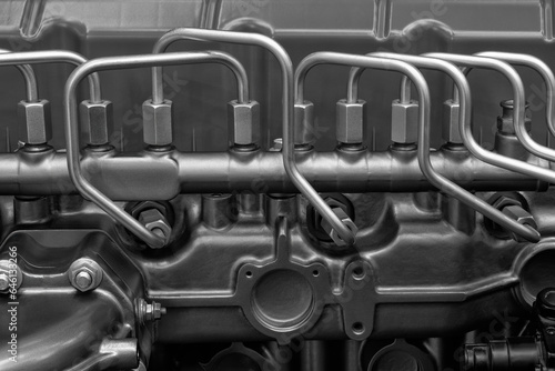 diesel engine. Fragment of a diesel motor close-up. Selective on the fuel injection in the the diesel engine. supply system for diesel fuel.  Engine details  Diesel engine  background