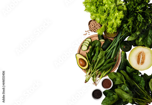 Different fresh herbs Cereals Vegetables on isolated png background top view with copy space