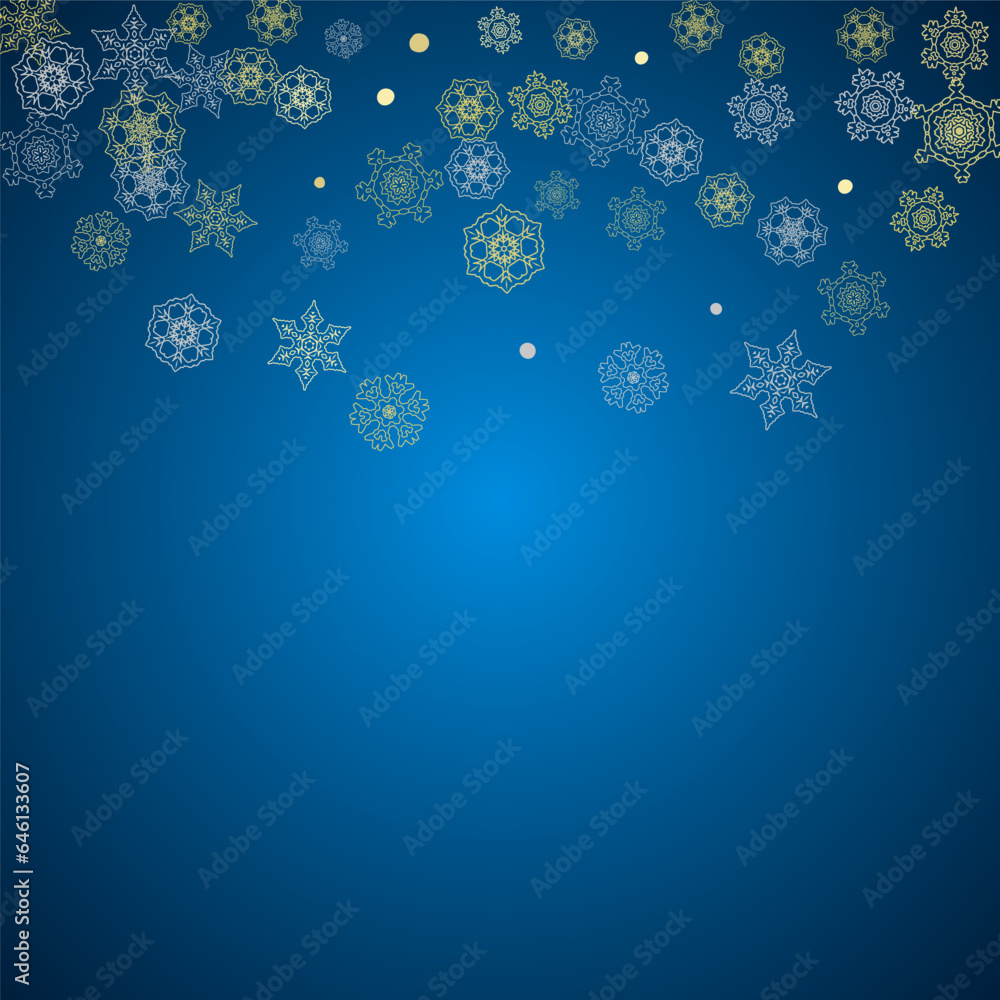 New Year frame with gold snowflakes on blue background. Winter window. Christmas and New Year frame for gift certificate, ads, banner, flyer, sales offers, event invitations. Glitter snow with sparkle New Year frame with gold snowflakes on blue background. Winter window. Christmas and New Year frame for gift certificate, ads, banner, flyer, sales offers, event invitations. Glitter snow with sparkle