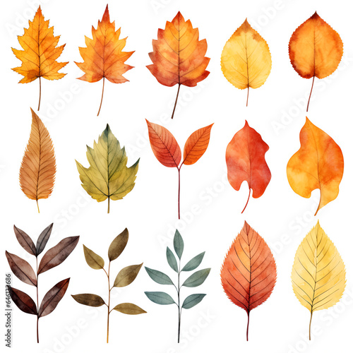 a set of abstract autumn fallen leaves. watercolor.