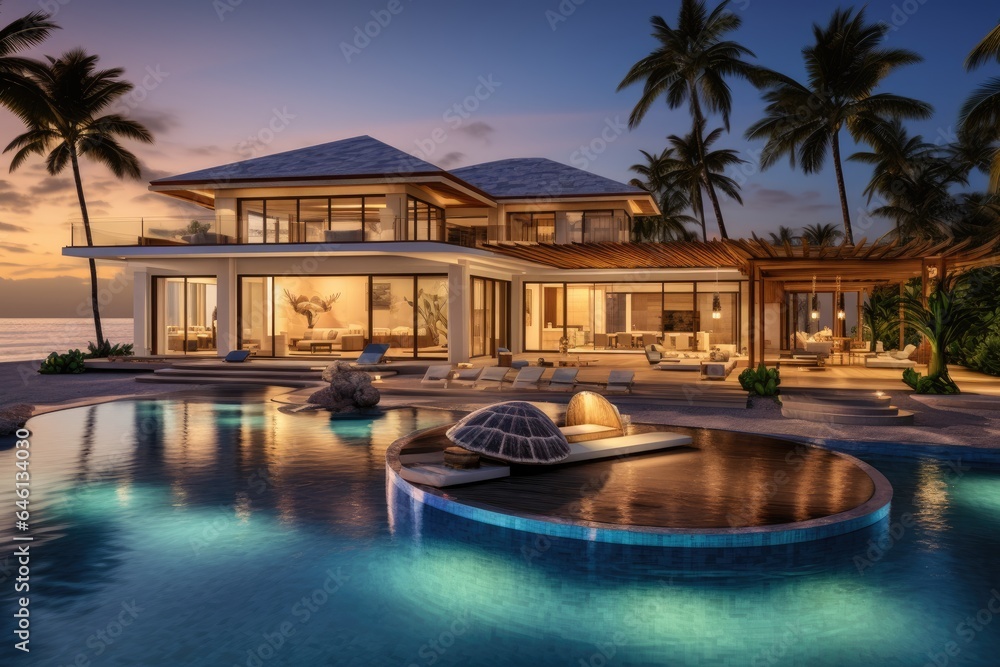 A luxurious beach house with a pool, surrounded by palm trees, under a beautiful sunset sky.