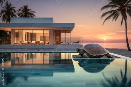A luxurious beach house with a pool, surrounded by palm trees, under a beautiful sunset sky.