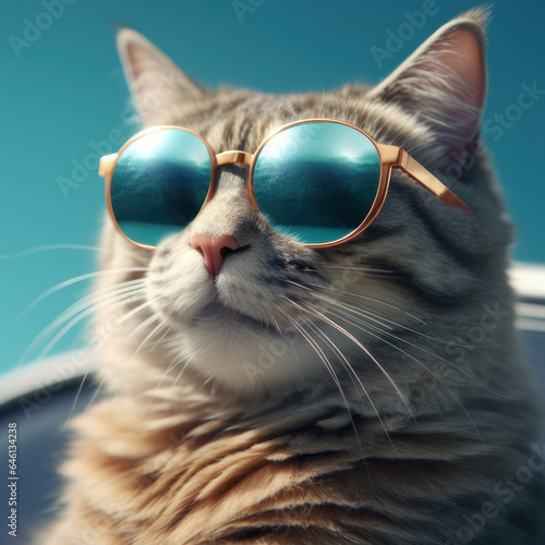 Cat in sunglasses against the sky, square photo. AI generative.