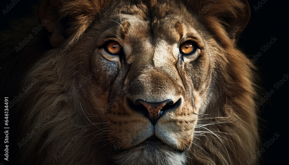 Majestic lion close up portrait, staring with alertness at camera generated by AI