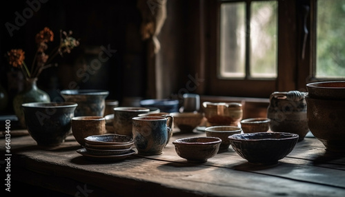 Rustic pottery collection adorns old fashioned domestic kitchen shelf generated by AI