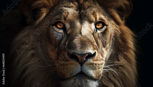 Majestic lion close up portrait  staring with alertness at camera generated by AI