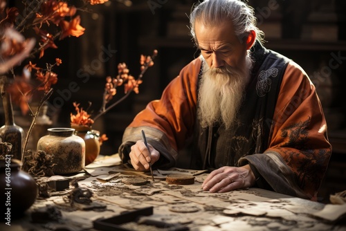 elderly oriental craftsman working traditionally