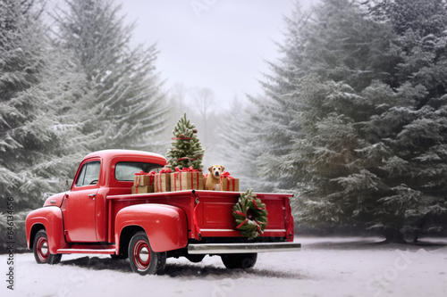 Red Truck in the snow with room for copy space created with Generative AI technology