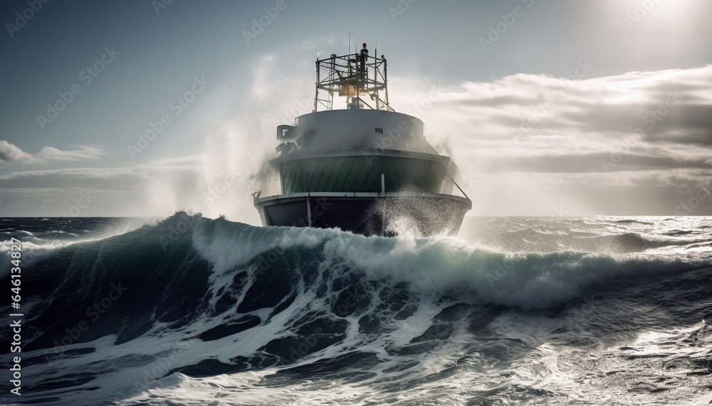 Industrial ship braves hurricane on wet horizon over water generated by AI Industrial ship braves hurricane on wet horizon over water generated by AI