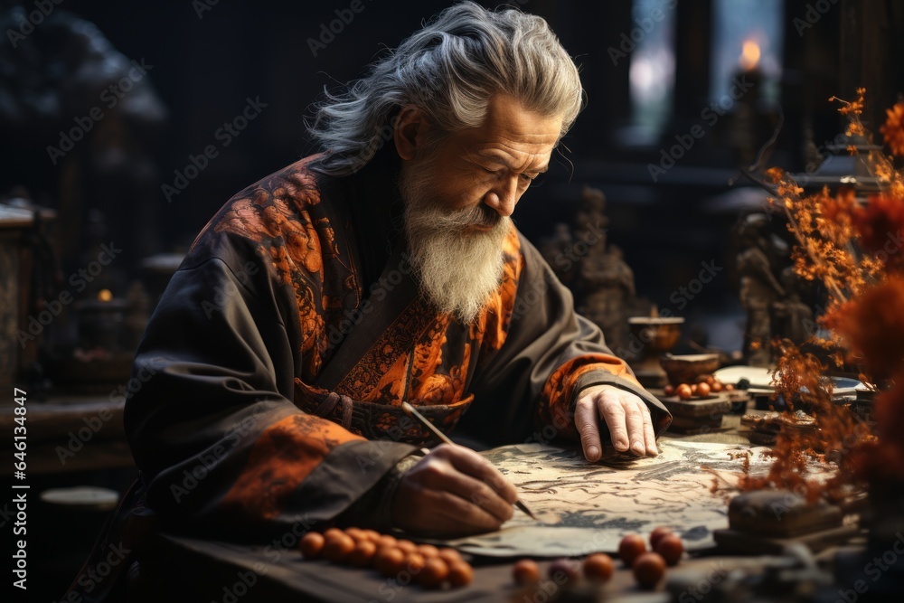 elderly oriental craftsman working traditionally
