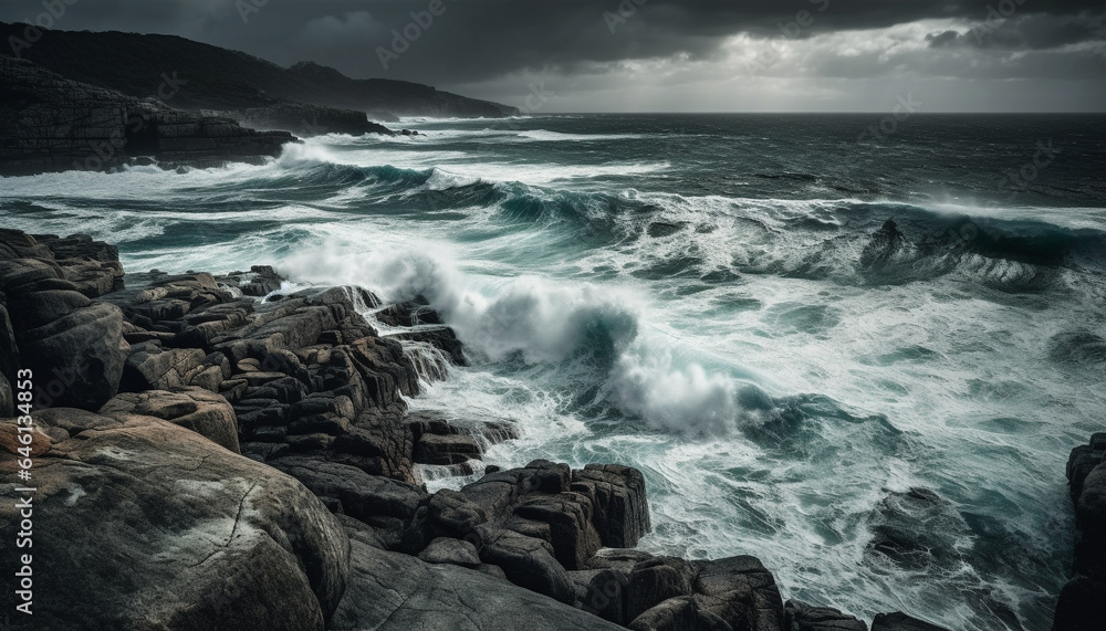 Breaking waves crash against rocky coastline, dramatic beauty in nature generated by AI